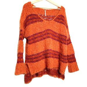 Free People Womens Tunic Sweater Orange Red Stripe V Neck Slits Hi Lo Hem S